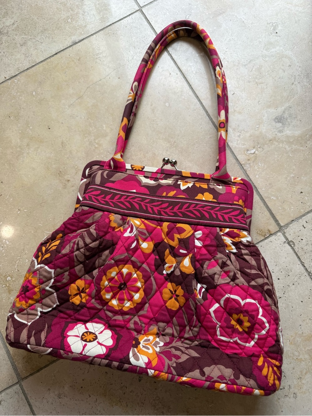 Vera Bradley Quilted Floral Frame-Top Tote in Magenta, Brown and Yellow